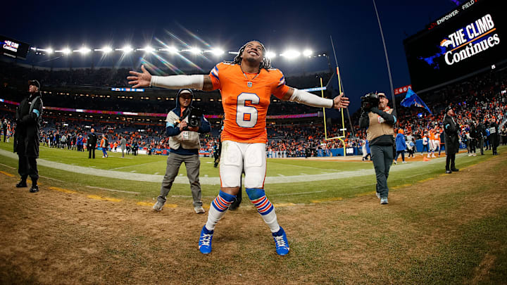 Jan 5, 2025; Denver, Colorado, USA; Denver Broncos safety P.J. Locke (6) celebrates after the game against the Kansas City Chiefs at Empower Field at Mile High. Mandatory Credit: Isaiah J. Downing-Imagn Images
