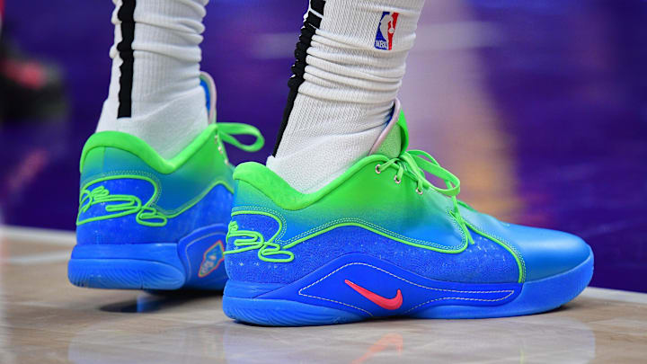 Mar 4, 2025; Los Angeles, California, USA; The shoes of Los Angeles Lakers forward LeBron James (23) pictured at Crypto.com Arena.