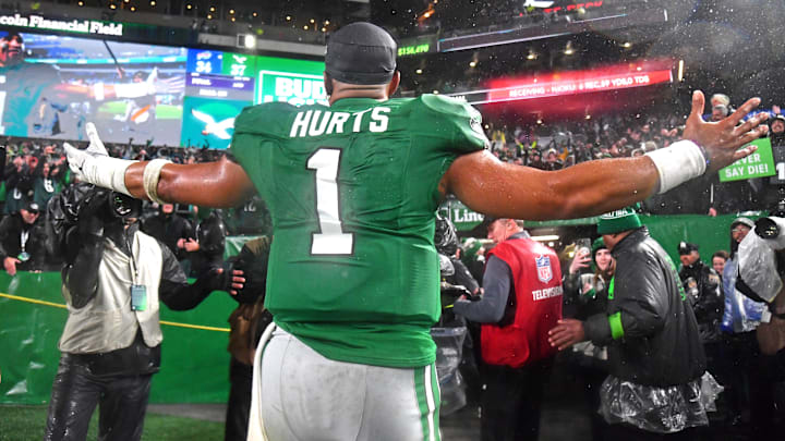 Nov 26, 2023; Philadelphia, Pennsylvania, USA; Philadelphia Eagles quarterback Jalen Hurts (1) walks