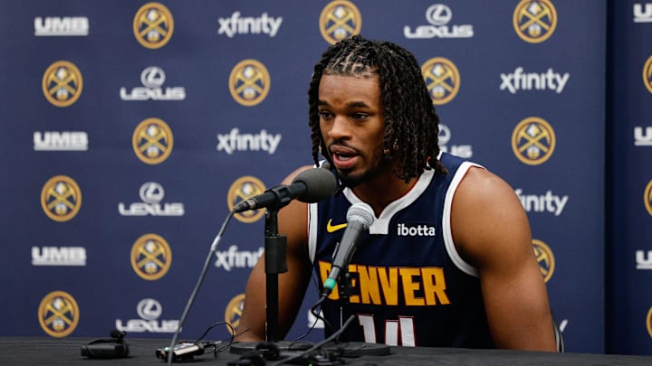 Sep 29, 2025; Denver, CO, USA; Denver Nuggets player DaRon Holmes II (14) addresses the media during media day at Ball Arena. Mandatory Credit: Isaiah J. Downing-Imagn Images Sep 29, 2025; Denver, CO, USA; Denver Nuggets player DaRon Holmes II (14) addresses the media during media day at Ball Arena. Mandatory Credit: Isaiah J. Downing-Imagn Images