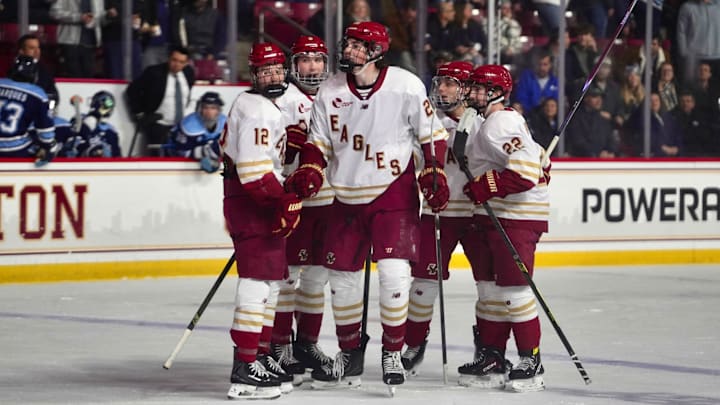 Members of the Boston College men's hockey team during its game with Maine at Conte Forum on Nov. 21, 2025. Photo Credit: Boston College Eagles On SI / John Sexton Members of the Boston College men's hockey team during its game with Maine at Conte Forum on Nov. 21, 2025. Photo Credit: Boston College Eagles On SI / John Sexton