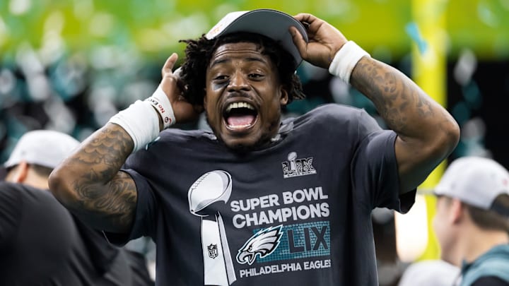 Feb 9, 2025; New Orleans, LA, USA; Philadelphia Eagles safety C.J. Gardner-Johnson celebrates after defeating the Kansas City Chiefs in Super Bowl LIX at Ceasars Superdome. Mandatory Credit: Mark J. Rebilas-Imagn Images Feb 9, 2025; New Orleans, LA, USA; Philadelphia Eagles safety C.J. Gardner-Johnson celebrates after defeating the Kansas City Chiefs in Super Bowl LIX at Ceasars Superdome. Mandatory Credit: Mark J. Rebilas-Imagn Images