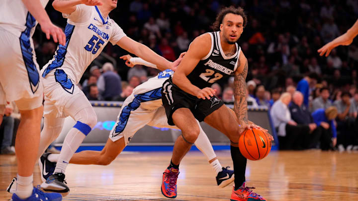 Mar 14, 2024; New York City, NY, USA;  Providence Friars guard Devin Carter (22) drives on Creighton