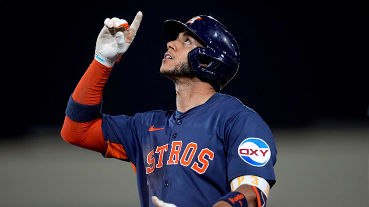 Jun 18, 2025; West Sacramento, California, USA; Houston Astros shortstop Jeremy Pena (3) reacts after hitting a single against the Athletics in the seventh inning at Sutter Health Park. Mandatory Credit: Cary Edmondson-Imagn Images