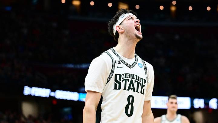 Mar 23, 2025; Cleveland, OH, USA; Michigan State Spartans forward Frankie Fidler (8) reacts in the second half against the New Mexico Lobos during the NCAA Tournament Second Round at Rocket Arena. Mandatory Credit: Ken Blaze-Imagn Images Mar 23, 2025; Cleveland, OH, USA; Michigan State Spartans forward Frankie Fidler (8) reacts in the second half against the New Mexico Lobos during the NCAA Tournament Second Round at Rocket Arena. Mandatory Credit: Ken Blaze-Imagn Images