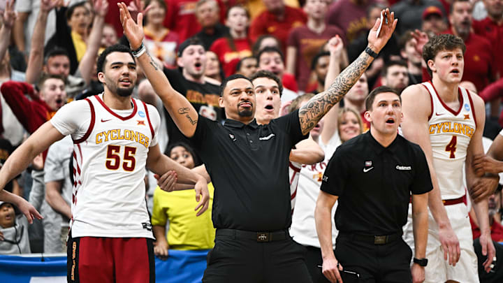 Mar 22, 2026; St. Louis, MO, USA; The Iowa State Cyclones bench reacts to a play during the second half against the Kentucky Wildcats during a second round game of the men's 2026 NCAA Tournament at Enterprise Center.