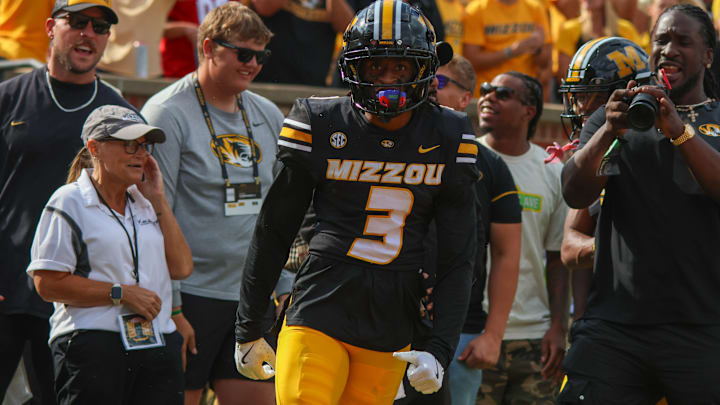 Sep 6, 2025; Columbia, Missouri, USA; Missouri Tigers wide receiver Kevin Coleman Jr. celebrates a catch that he ran to the 2-yard line against Kansas