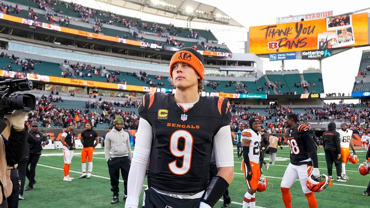 Cincinnati Bengals quarterback Joe Burrow (9) looks for hands to shake after the fourth quarter of the NFL Week 18 game between the Cincinnati Bengals and the Cleveland Browns at Paycor Stadium in Downtown Cincinnati on Sunday, Jan. 4, 2026. The Browns kicked a last second field goal to win 20-18. Cincinnati Bengals quarterback Joe Burrow (9) looks for hands to shake after the fourth quarter of the NFL Week 18 game between the Cincinnati Bengals and the Cleveland Browns at Paycor Stadium in Downtown Cincinnati on Sunday, Jan. 4, 2026. The Browns kicked a last second field goal to win 20-18.