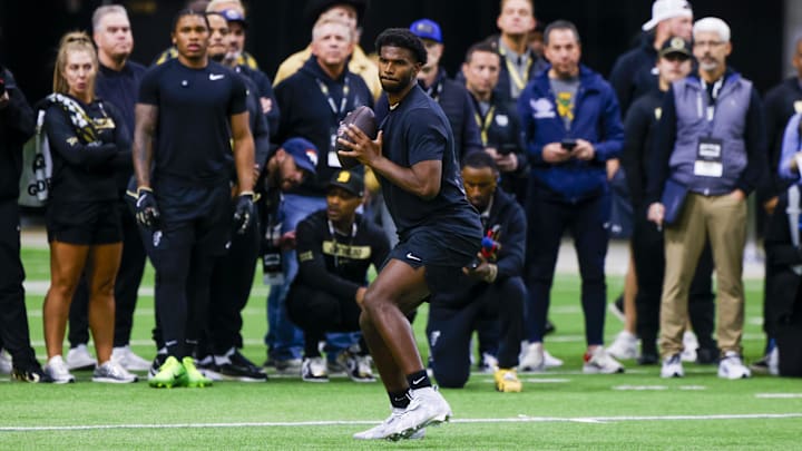 Sanders goes through workouts during his pro day in preparation for the NFL draft. 
