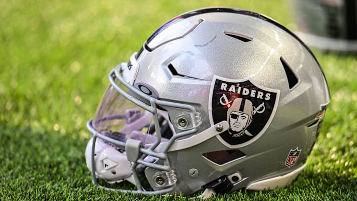 Aug 10, 2024; Minneapolis, Minnesota, USA; A Las Vegas Raiders helmet sits on the field before the game against the Minnesota Vikings at U.S. Bank Stadium. Mandatory Credit: Jeffrey Becker-Imagn Images Aug 10, 2024; Minneapolis, Minnesota, USA; A Las Vegas Raiders helmet sits on the field before the game against the Minnesota Vikings at U.S. Bank Stadium. Mandatory Credit: Jeffrey Becker-Imagn Images