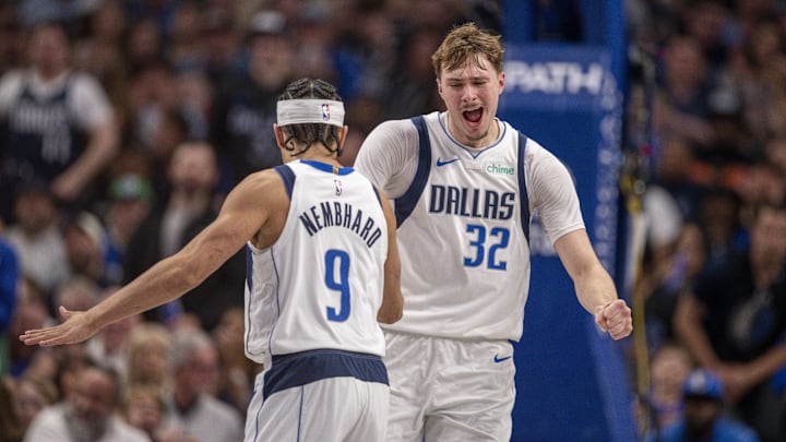Feb 5, 2026; Dallas, Texas, USA; Dallas Mavericks guard Ryan Nembhard (9) and forward Cooper Flagg (32) celebrate during the game between the Mavericks and the Spurs at the American Airlines Center. Mandatory Credit: Jerome Miron-Imagn Images Feb 5, 2026; Dallas, Texas, USA; Dallas Mavericks guard Ryan Nembhard (9) and forward Cooper Flagg (32) celebrate during the game between the Mavericks and the Spurs at the American Airlines Center. Mandatory Credit: Jerome Miron-Imagn Images