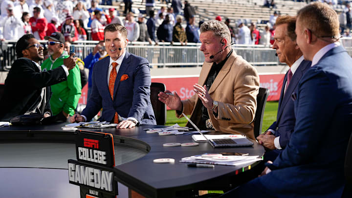 The ESPN College Gameday crew, from left, Desmond Howard, Rece Davis, Pat McAfee, Nick Saban and Kirk Herbstreit, prepares to broadcast from the field prior to the NCAA football game between the Penn State Nittany Lions and the Ohio State Buckeyes at Beaver Stadium in University Park, Pa. on Saturday, Nov. 2, 2024.