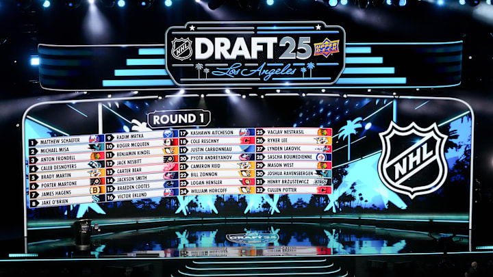 Jun 27, 2025; Los Angeles, California, USA; The draft board is seen following the first round of the 2025 NHL Draft at Peacock Theater. Mandatory Credit: Kirby Lee-Imagn Images