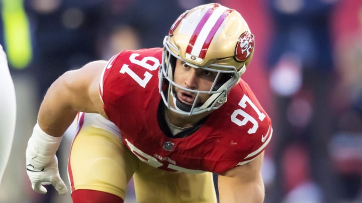 Dec 17, 2023; Glendale, Arizona, USA; San Francisco 49ers defensive end Nick Bosa (97) against the Arizona Cardinals at State Farm Stadium. Mandatory Credit: Mark J. Rebilas-USA TODAY Sports