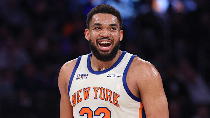 Mar 22, 2026; New York, New York, USA; New York Knicks center Karl-Anthony Towns (32) reacts during the first half against the Washington Wizards at Madison Square Garden. Mandatory Credit: Vincent Carchietta-Imagn Images