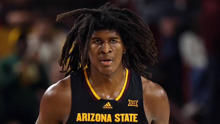 Jan 11, 2025; Tempe, Arizona, USA; Arizona State Sun Devils forward Jayden Quaintance (21) against the Baylor Bears at Desert Financial Arena. Mandatory Credit: Mark J. Rebilas-Imagn Images