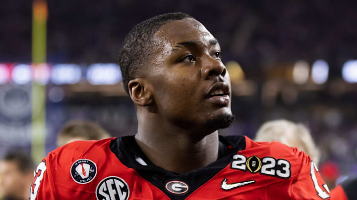 Jan 9, 2023; Inglewood, CA, USA; Georgia Bulldogs defensive lineman Mykel Williams (13) against the TCU Horned Frogs during the CFP national championship game at SoFi Stadium. Mandatory Credit: Mark J. Rebilas-Imagn Images