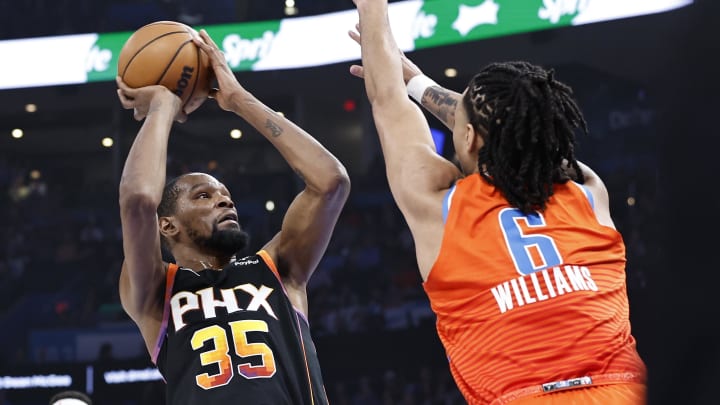 Mar 29, 2024; Oklahoma City, Oklahoma, USA; Phoenix Suns forward Kevin Durant (35) shoots as
