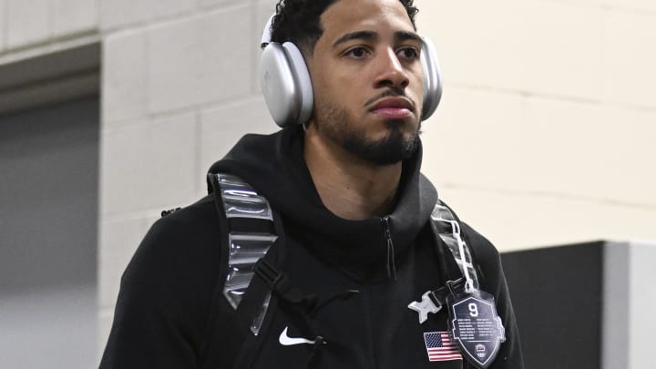 Jul 10, 2024; Las Vegas, Nevada, USA; USA guard Tyrese Haliburton (9) arrives before a game against Canada for the USA Basketball Showcase at T-Mobile Arena. Mandatory Credit: Candice Ward-USA TODAY Sports