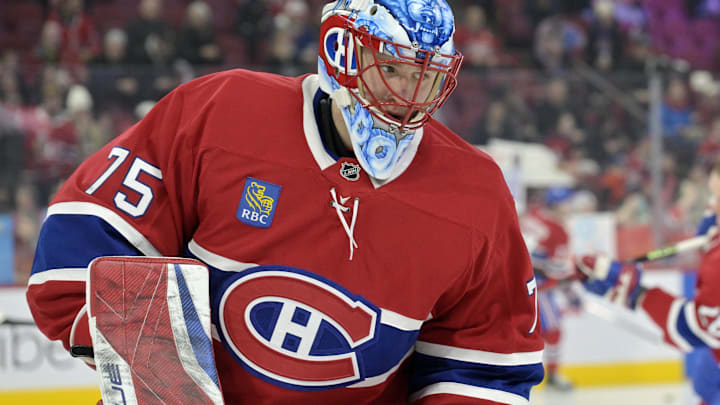 Mar 3, 2025; Montreal, Quebec, CAN; Montreal Canadiens goalie Jakub Dobes (75) skates during the warmup period before the game against the Buffalo Sabres at the Bell Centre. Mandatory Credit: Eric Bolte-Imagn Images