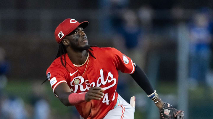 Mar 4, 2025; Phoenix, Arizona, USA; Cincinnati Reds shortstop Elly De La Cruz against the Los Angeles Dodgers during a spring training game at Camelback Ranch-Glendale. Mandatory Credit: Mark J. Rebilas-Imagn Images