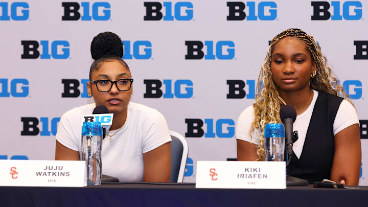 USC guard JuJu Watkins and USC forward Kiki Iriafen take a question at the podium during the 2024 Big Ten Women's Basketball media day. USC guard JuJu Watkins and USC forward Kiki Iriafen take a question at the podium during the 2024 Big Ten Women's Basketball media day.