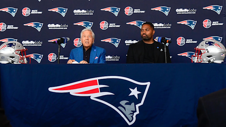 Jan 17, 2024; Foxborough, MA, USA; New England Patriots owner Robert Kraft  (left) announces the