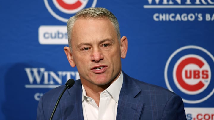 Jan 12, 2024; Chicago, IL, USA; Chicago Cubs president of baseball operations Jed Hoyer talks to the media after introducing pitcher Shota Imanaga (not pictured) during a press conference at Loews Chicago Hotel. Mandatory Credit: Kamil Krzaczynski-Imagn Images