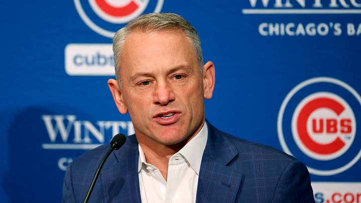 Jan 12, 2024; Chicago, IL, USA; Chicago Cubs president of baseball operations Jed Hoyer talks to the media after introducing pitcher Shota Imanaga (not pictured) during a press conference at Loews Chicago Hotel. Mandatory Credit: Kamil Krzaczynski-USA TODAY Sports