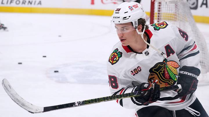 Apr 6, 2026; San Jose, California, USA;  Chicago Blackhawks center Connor Bedard (98) warms up before the game against the San Jose Sharks at SAP Center at San Jose. Mandatory Credit: David Gonzales-Imagn Images