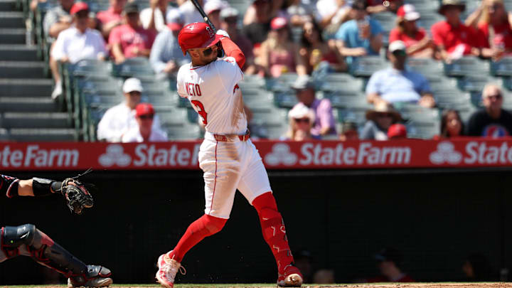 Sep 10, 2025; Anaheim, California, USA;  Los Angeles Angels shortstop Zach Neto (9) hits a two-run home run during the third inning against the Minnesota Twins at Angel Stadium. Mandatory Credit: Kiyoshi Mio-Imagn Images