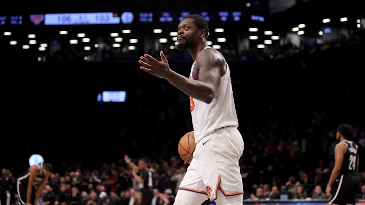 Jan 23, 2024; Brooklyn, New York, USA; New York Knicks forward Julius Randle (30) gestures at the fans during the fourth quarter against the Brooklyn Nets at Barclays Center. Mandatory Credit: Brad Penner-USA TODAY Sports