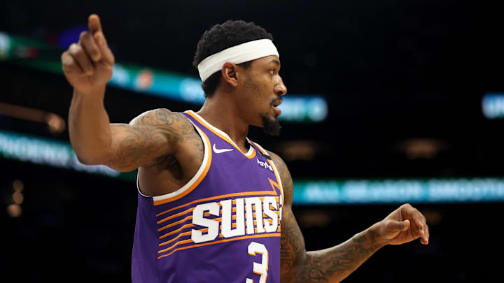 Jan 29, 2025; Phoenix, Arizona, USA; Phoenix Suns guard Bradley Beal (3) against the Minnesota Timberwolves at Footprint Center. Mandatory Credit: Mark J. Rebilas-Imagn Images