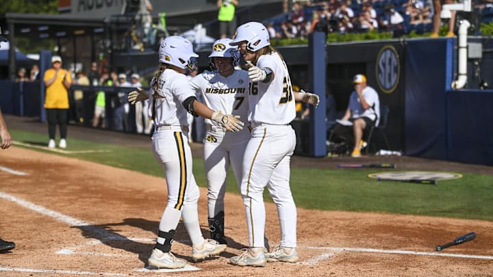 May 10, 2024; Auburn, AL, USA;  Missouri Tigers infielder Maddie Gallagher (1) crosses the plate