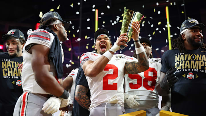 Jan 20, 2025; Atlanta, GA, USA; Ohio State Buckeyes wide receiver Emeka Egbuka (2) celebrates after winning against the Notre Dame Fighting Irish in the CFP National Championship college football game at Mercedes-Benz Stadium. Jan 20, 2025; Atlanta, GA, USA; Ohio State Buckeyes wide receiver Emeka Egbuka (2) celebrates after winning against the Notre Dame Fighting Irish in the CFP National Championship college football game at Mercedes-Benz Stadium.