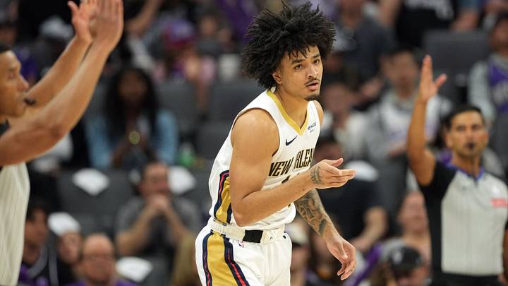 Apr 3, 2026; Sacramento, California, USA; New Orleans Pelicans guard Micah Peavy (14) gestures after making a three-point basket against the Sacramento Kings during the third quarter at Golden 1 Center. Mandatory Credit: Darren Yamashita-Imagn Images