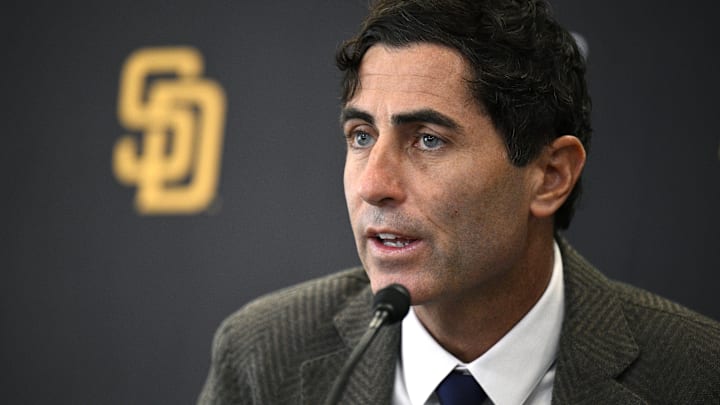 Nov 21, 2023; San Diego, CA, USA; San Diego Padres president of baseball operations and general manager A.J. Preller speaks to the media during a press conference announcing the hiring of manager Mike Shildt (not pictured) at Petco Park. Mandatory Credit: Orlando Ramirez-Imagn Images Nov 21, 2023; San Diego, CA, USA; San Diego Padres president of baseball operations and general manager A.J. Preller speaks to the media during a press conference announcing the hiring of manager Mike Shildt (not pictured) at Petco Park. Mandatory Credit: Orlando Ramirez-Imagn Images