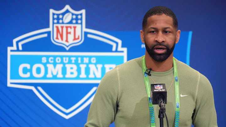 Feb 25, 2025; Indianapolis, IN, USA; Cleveland Browns general manager Andrew Berry speaks during the NFL Scouting Combine at the Indiana Convention Center.