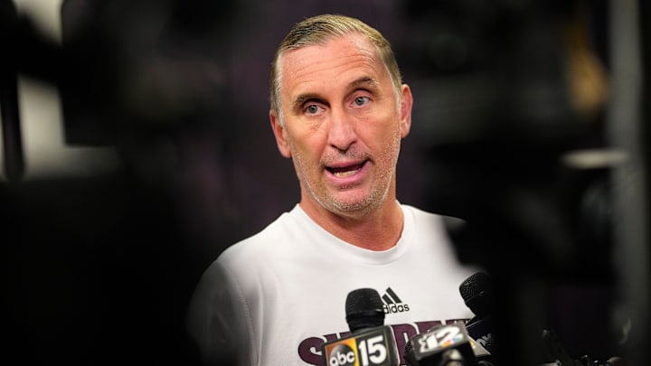 ASU head coach Bobby Hurley speaks to the press at Weatherup Center in Tempe, Ariz. on June 4, 2025.