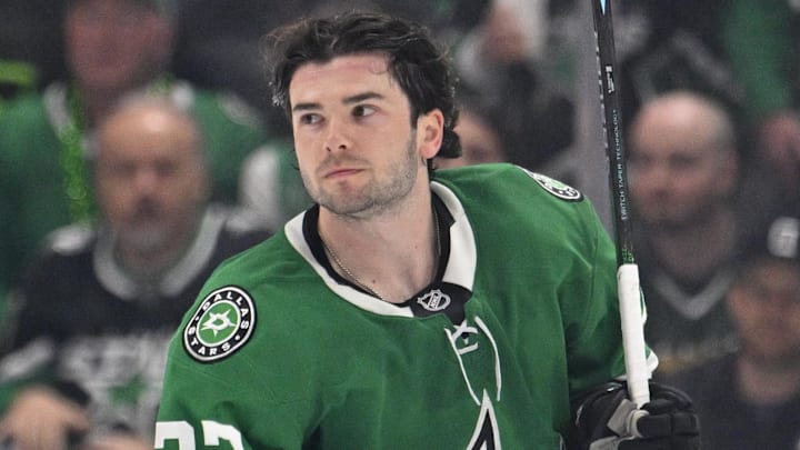 Apr 4, 2026; Dallas, Texas, USA; Dallas Stars center Mavrik Bourque (22) skates off the ice during the game between the Stars and the Avalanche at American Airlines Center. Mandatory Credit: Jerome Miron-Imagn Images