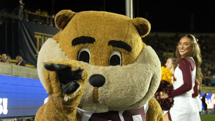 Sep 13, 2025; Berkeley, California, USA; The Minnesota Golden Gopher mascot teases a photographer during the second quarter against the California Golden Bears at California Memorial Stadium. Mandatory Credit: D. Ross Cameron-Imagn Images