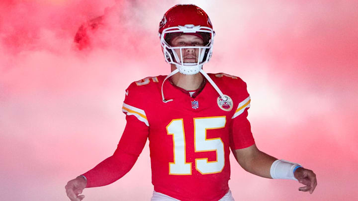 Nov 4, 2024; Kansas City, Missouri, USA; Kansas City Chiefs quarterback Patrick Mahomes (15) is introduced before the game against then Tampa Bay Buccaneers at GEHA Field at Arrowhead Stadium. Mandatory Credit: Denny Medley-Imagn Images