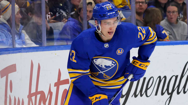 Dec 30, 2023; Buffalo, New York, USA;  Buffalo Sabres right wing Jack Quinn (22) skates with the