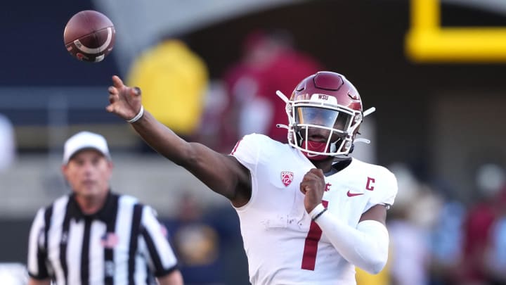 Nov 11, 2023; Berkeley, California, USA; Washington State Cougars quarterback Cameron Ward (1) throws a pass against the California Golden Bears during the fourth quarter at California Memorial Stadium. Mandatory Credit: Darren Yamashita-USA TODAY Sports