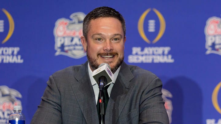 Oregon head coach Dan Lanning speaks during the head coaches’ press conference ahead of the Peach Bowl at the College Football Hall of Fame in Atlanta, Georgia, on Jan. 8, 2026.