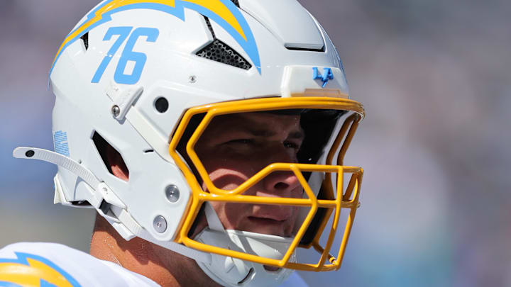 Sep 28, 2025; East Rutherford, New Jersey, USA; Los Angeles Chargers offensive tackle Joe Alt (76) looks on before the game against the New York Giants at MetLife Stadium. Mandatory Credit: Brad Penner-Imagn Images Sep 28, 2025; East Rutherford, New Jersey, USA; Los Angeles Chargers offensive tackle Joe Alt (76) looks on before the game against the New York Giants at MetLife Stadium. Mandatory Credit: Brad Penner-Imagn Images