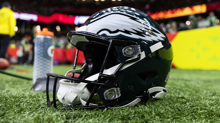 Feb 9, 2025; New Orleans, LA, USA; Detailed view of a Philadelphia Eagles helmet during Super Bowl LIX at Ceasars Superdome. Mandatory Credit: Mark J. Rebilas-Imagn Images