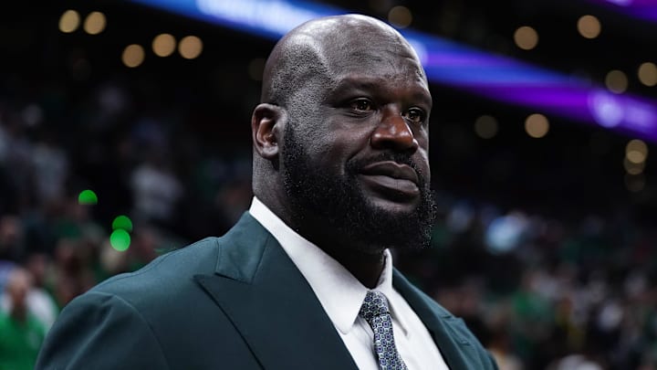 Jun 6, 2024; Boston, Massachusetts, USA; Shaquille O'Neal looks on before the game between the Boston Celtics and the Dallas Mavericks in game one of the 2024 NBA Finals at TD Garden. Mandatory Credit: David Butler II-Imagn Images