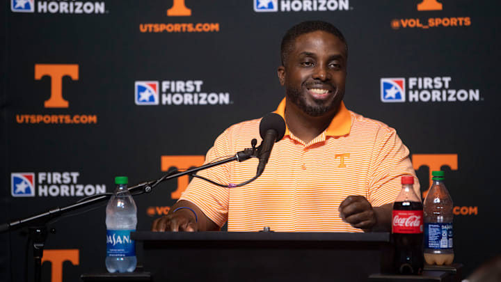Tennessee Football Defensive Coordinator Tim Banks answering questions during at Media Day in Knoxville, Tenn. on Tuesday, August 3, 2021.

Kns Tennessee Football Media Day