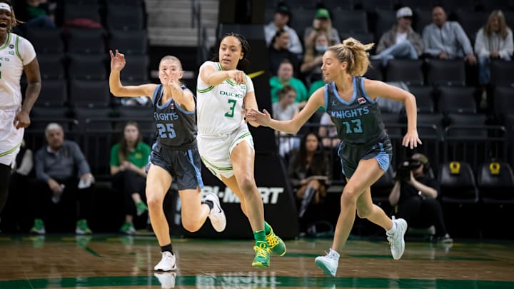 Oregon guard Sofia Bell passes off the ball as the Oregon Ducks host the Warner Pacific Knights in an exhibition game on Friday, Nov. 1, 2024, at Matthew Knight Arena in Eugene, Ore.
